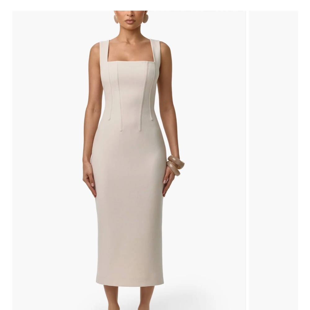 ISO‼️ Sleeveless Square-Neck Midi Dress in Beige